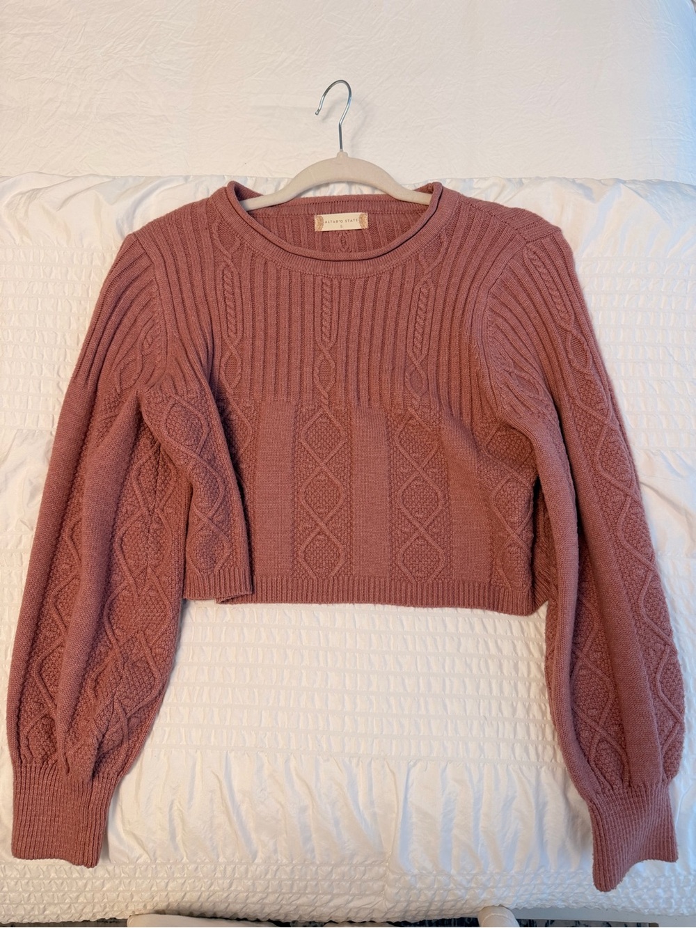 Altar'd State Dusty Rose Cable Knit Cropped Sweater